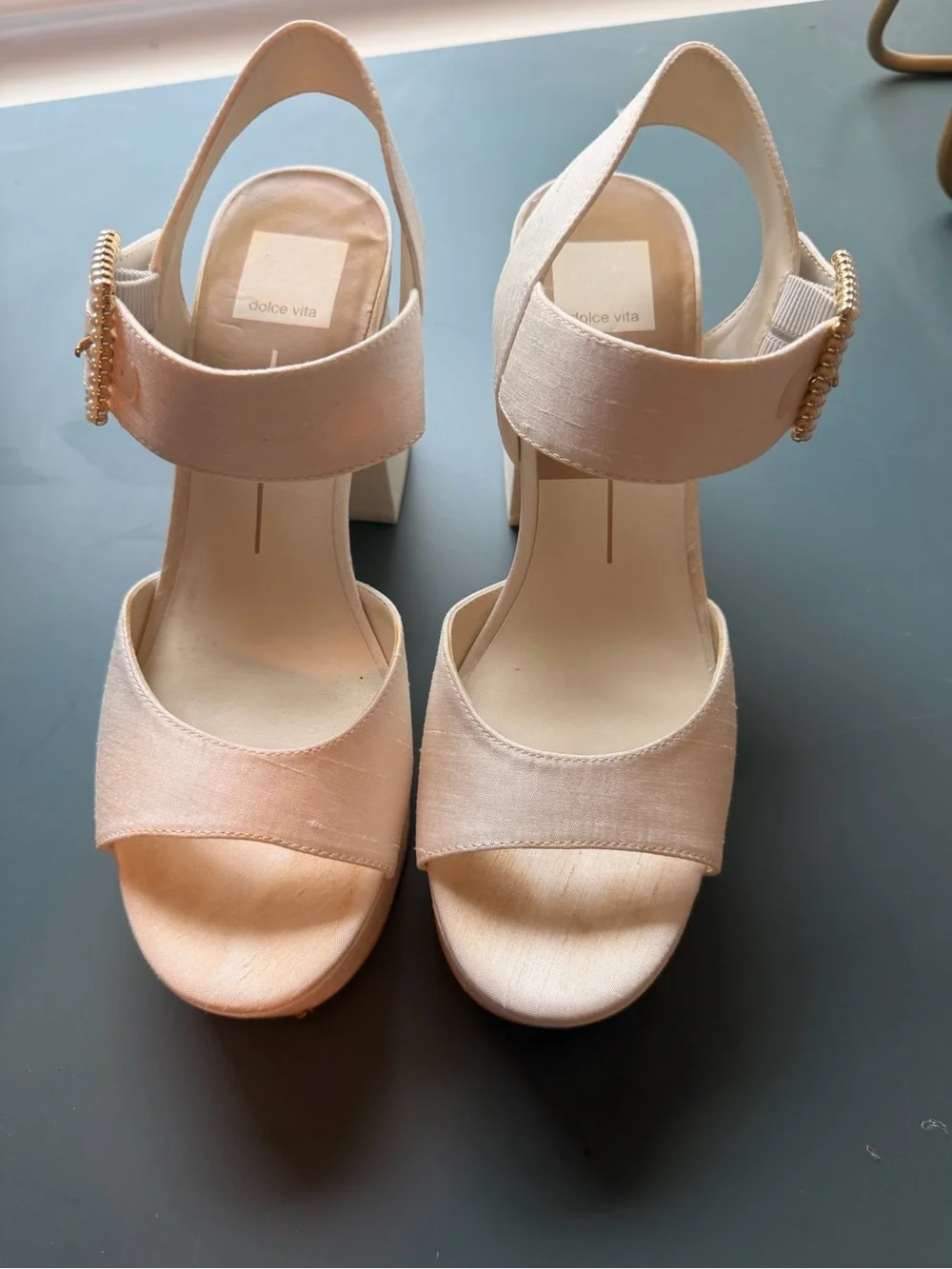 Dolce Vita Ivory Platform Block Heel Sandals with Pearl-Trim Buckle